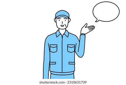 Senior man in hat and work clothes giving directions, with a wipeout, Vector Illustration