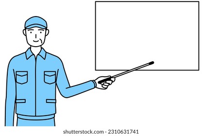 Hombre mayor con sombrero y ropa de trabajo apuntando a una pizarra electrónica con un stick indicador, Ilustración vectorial