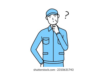 Senior man in hat and work clothes nodding his head in question, Vector Illustration