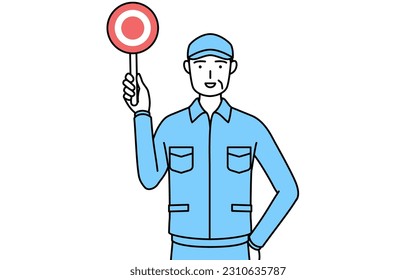 Senior man in hat and work clothes holding a maru placard that shows the correct answer, Vector Illustration