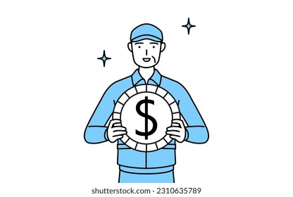 Senior man in hat and work clothes with images of foreign exchange gains and dollar appreciation, Vector Illustration