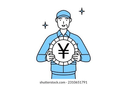 Hombre mayor en sombrero y ropa de trabajo y imagen de ganancias en moneda extranjera y apreciación del yen, Ilustración vectorial