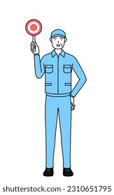 Senior man in hat and work clothes holding a maru placard that shows the correct answer, Vector Illustration