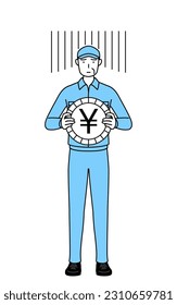 Hombre mayor con sombrero y ropa de trabajo, imagen de pérdida de cambio o depreciación del yen, Ilustración vectorial