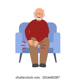 Senior man have knee pain, leg pain in flat design on white background. Guy use hand touching on leg and massage to relax his muscle.