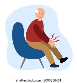 Senior man have knee pain, leg pain in flat design on white background. Old man use hand touching on leg and massage to relax his muscle.