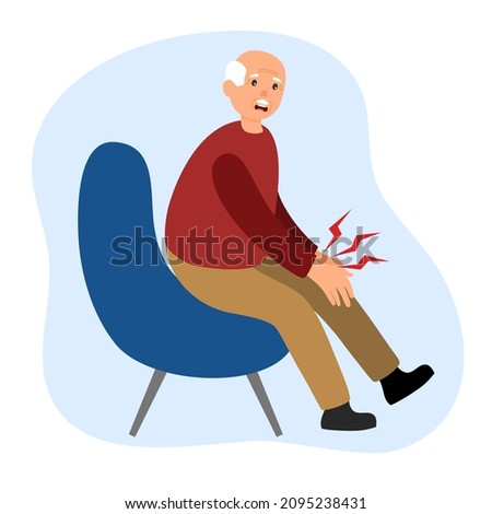Senior man have knee pain, leg pain in flat design on white background. Old man use hand touching on leg and massage to relax his muscle.