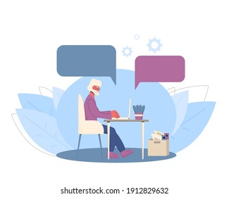 Senior man have online job interview. Mature character at the computer talking with manager. Vector color illustration.