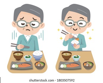 Senior Man Having Anorexia And Senior Man Eating With A Smile