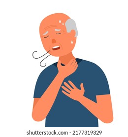 Senior man having difficult breathing in flat design on white background. Lung problem.
