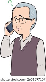 Senior Mann mit Zweifeln am Telefon