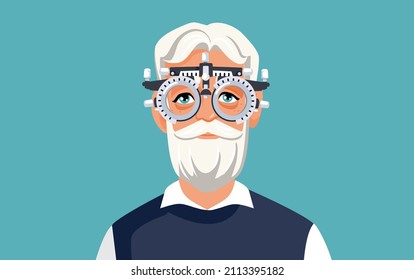 Senior Man Having an Eye Check Consultation Vector Illustration. Elderly patient checking eyesight during a consult in an ophthalmology clinic
