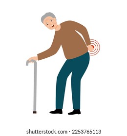 Senior man having low back pain in flat design. Backache symptom. Muscle or bone problem.