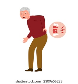 Senior man having low back pain in flat design. Backache symptom. Bone problem.