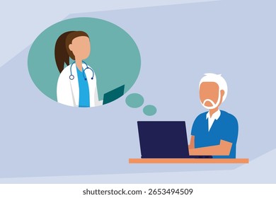 Homem Sênior Tendo Consulta Médica On-line com o médico feminino 2d desenhos vetoriais planos