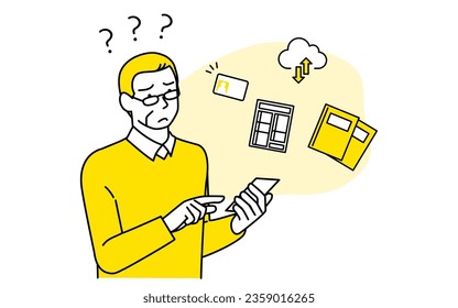 Senior man having trouble operating his smartphone while trying to file his tax return via e-Tax, Vector Illustration