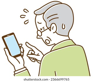 Senior man having trouble operating a smartphone