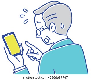 Senior man having trouble operating a smartphone