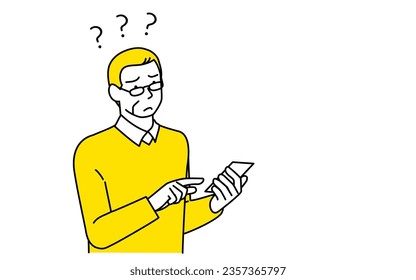 Senior man having trouble with question mark about smartphone operation, Vector Illustration