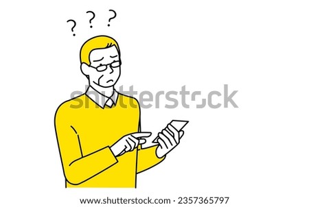 Senior man having trouble with question mark about smartphone operation, Vector Illustration