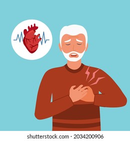 Senior man with heart attack symptom in flat design. Heart disease concept.	