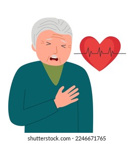 Senior man with heart attack symptom in flat design on white background. Heart disease concept.