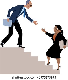 Senior man helping a mature black woman to go up the career ladder, EPS 8 vector illustration 