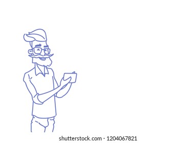 Senior man hipster using cell smart phone social media content online communication sketch doodle horizontal vector illustration