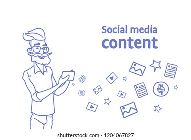 Senior man hipster using cell smart phone social media content online sketch doodle horizontal vector illustration