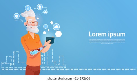 Senior Man Hipster Using Cell Smart Phone Chatting Online Flat Vector Illustration