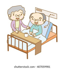 Senior man with his family in the hospital