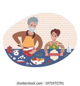 Senior man and his grandchild preparing food together. Teaching child to cook. Grandfather and grandson time. Flat style illustration.