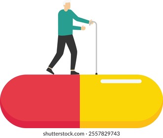 Senior man and his medication despondantly, health problems in old age, so much medication, old man taking a pill, Vector illustration design concept in flat style

