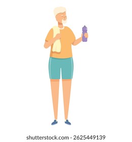 Senior man is holding a bottle of water and a towel, enjoying a refreshing drink after exercising