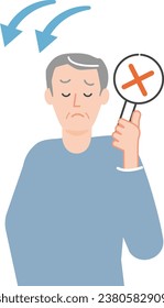A senior man holding up a cross (NG) placard.The background is transparent.