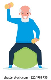 Senior man holding dumbbells while sitting on exercise ball. Healthy lifestyle. Flat cartoon illustration vector set. Active sport concept set