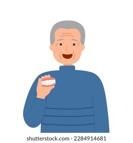 Senior man holding false teeth in flat design on white background.