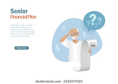 Senior man holding financial bill with confusing manner. Elderly people and financial planning concept.