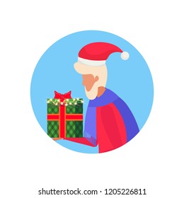 senior man holding gift box happy new year merry christmas concept male face avatar profile cartoon character portrait isolated vector illustration