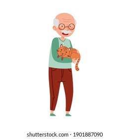 Senior Man Holding His Cat Pet With Arms Vector Illustration