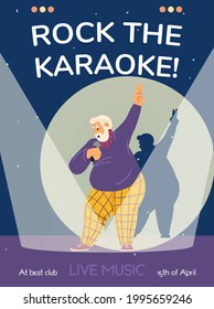 Senior man holding microphone and sing of old songs. Music karaoke party or concert popular elderly male singer. Flat cartoon vector illustration. Invitation poster with date.