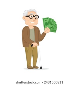 Un hombre mayor con dinero. Hombre mayor con money.Flat, Vector, Ilustración, Dibujos animados, EPS10.