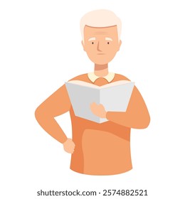 Senior man is holding an open book, enjoying reading and relaxing