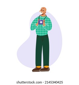 Senior man holding photo camera. Elderly flat vector illustration, isolated on a white background.