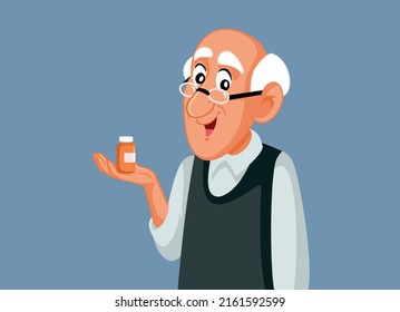 
Senior Man Holding a Pill Bottle Vector Cartoon Illustration
Elderly grandpa taking. multivitamins and supplements for better health 
