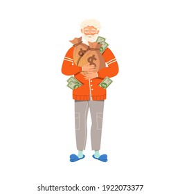 Senior Man Holding Sack with Dollar Banknotes Vector Illustration