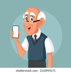  

Senior Man Holding a Smartphone Vector Cartoon Illustration. Grandpa showing a phone display excited about online sale
