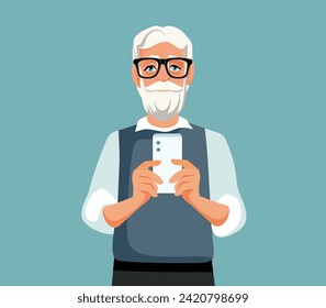 
Senior Man Holding a Smartphone Vector Character Illustration. Cheerful grandad checking his online bank account making payments 
