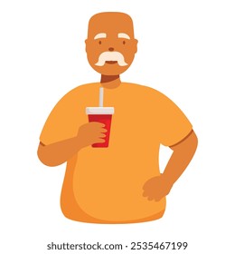 Senior man holding soda using straw, refreshing summer drink concept