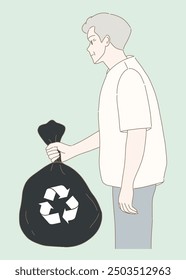 Senior man holding trash bag. Volunteer carrying garbage bag. Recycle icon isolated. Hand drawn flat cartoon character vector illustration.
